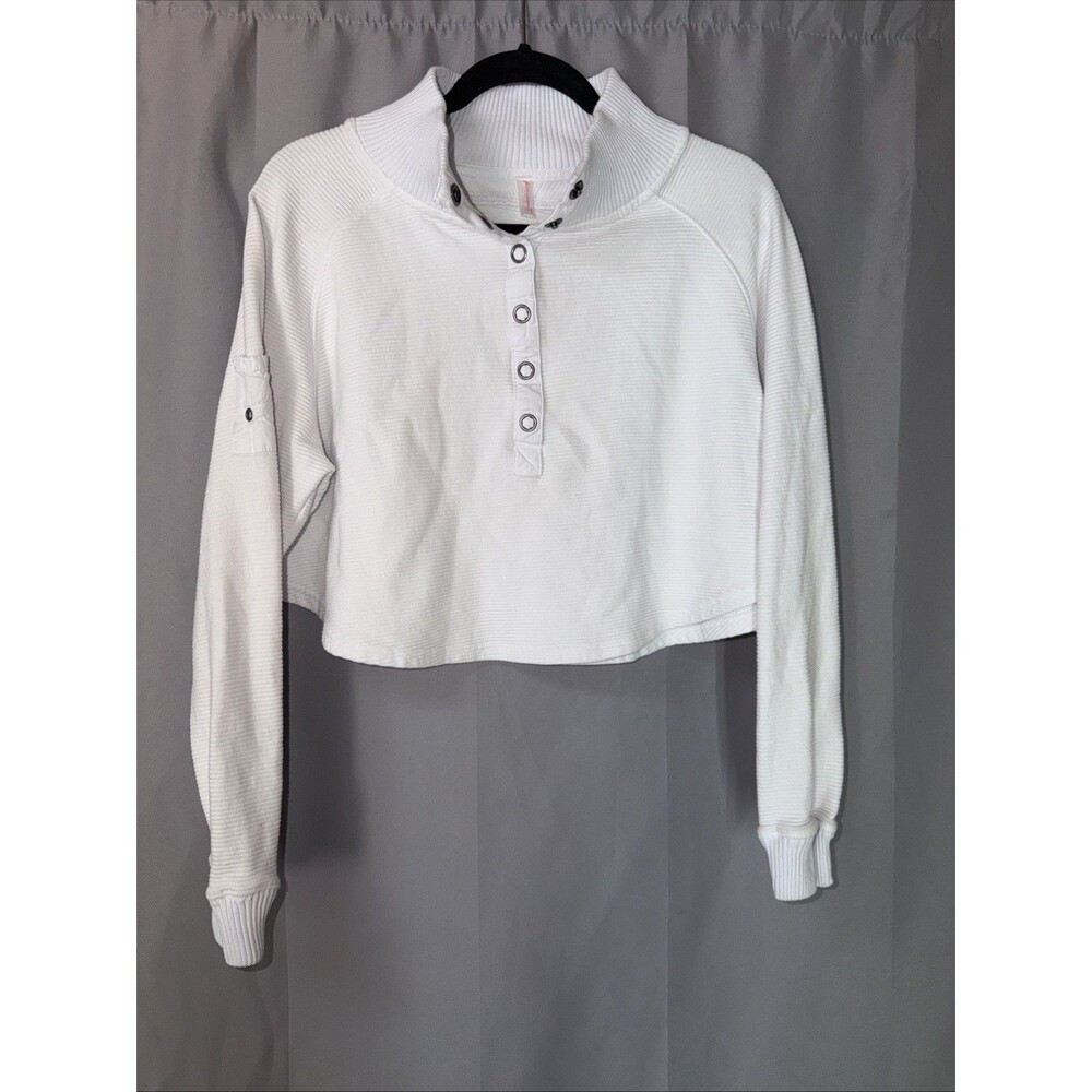 FP Movement Sweater Womens Small White Waffle Knit Mock Neck Snap Pullover